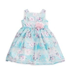 Pippa & Julie Blue Mila Floral Shadow Stripe Organza Girls Dress Size 2T
